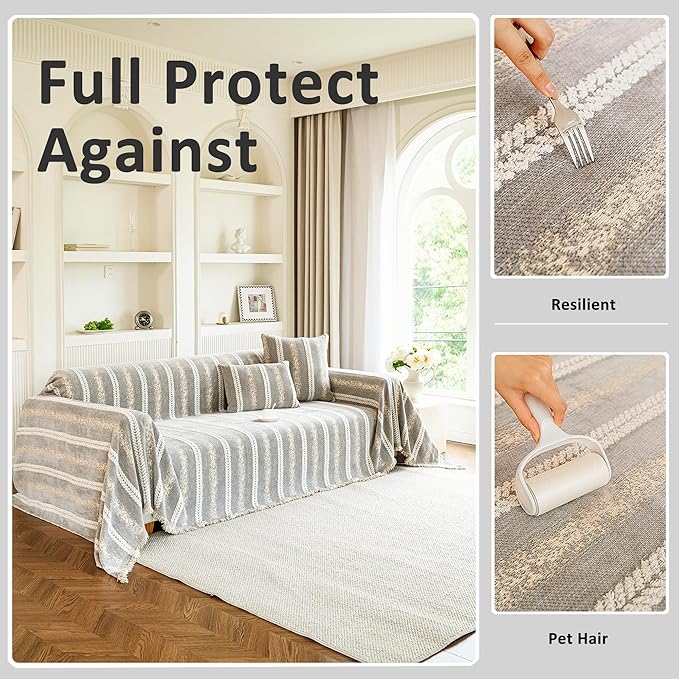 Couch Cover for Dogs Washable Sofa Cover, Sectional Couch Covers, Sofa Covers for 2 Cushion Couch, Non Slip Stripe Sofa Slipcovers Furniture Protector, Couch Protector from Cat Claws, Light,75''x118''