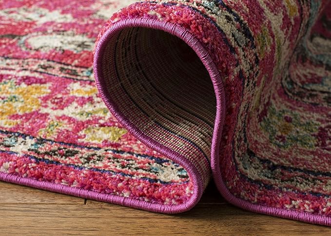 SAFAVIEH Monaco Collection Area Rug - 8'8" Round, Pink & Multi, Boho Chic Medallion Distressed Design, Non-Shedding & Easy Care, Ideal for High Traffic Areas in Living Room, Bedroom (MNC243D)