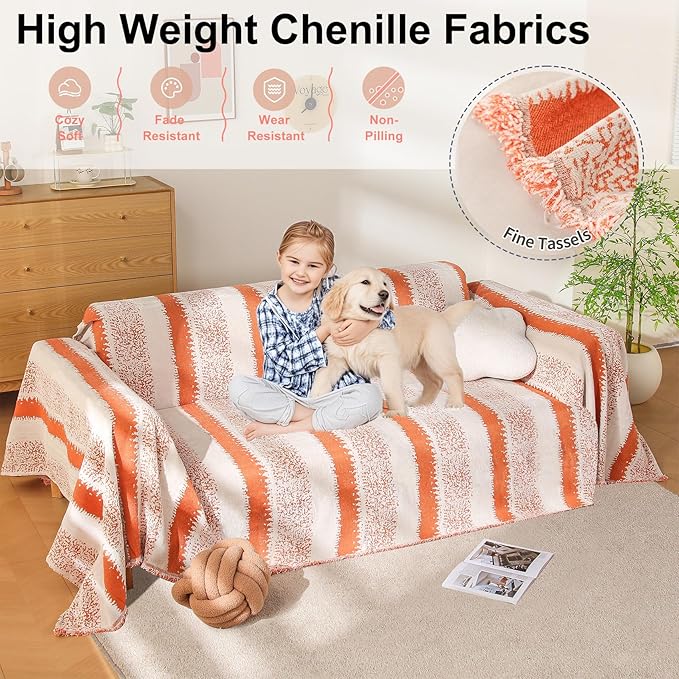 Boho Sofa Cover, Couch Covers for 3 Cushion Couch Sofa Pet Friendly, Sofa Cover Washable, Soft Chenille Living Room Couch Covers Slipcover, Pet Furniture Protecto (1# Orange, 71" x 150")