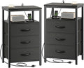 Huuger Nightstands Set of 2, 27.6 Inch End Tables with Charging Station, Bed Side Tables with Fabric Drawers, USB-C Port and Outlet, Night Stands for Bedroom, Black
