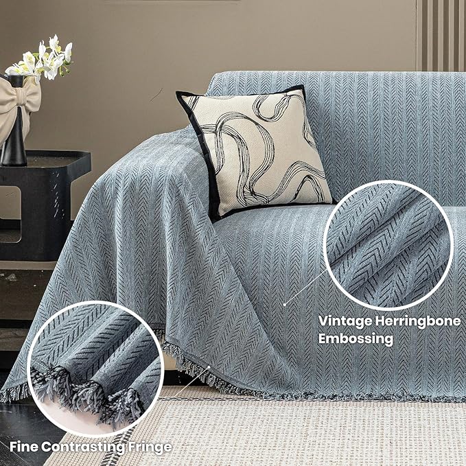 Nobildonna Sofa Cover Washable Soft Thicken Chenille Couch Cover with Tassel,Waterproof Sofa Slipcovers for 2 Cushion Couch,Loveseat,Futon Couch Furniture Protector Pet-Friendly,Dusty Blue 71"x102"