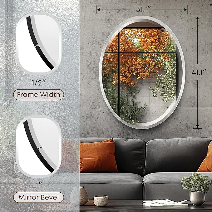 OVALCREST - Oval Wooden Beveled Wall Mirror for Home Decor, Bathroom, Vanity, Bedroom, Living Room, Hallway - London Style (Silver Leaf with Brown Antique) 31.1 x 41.1
