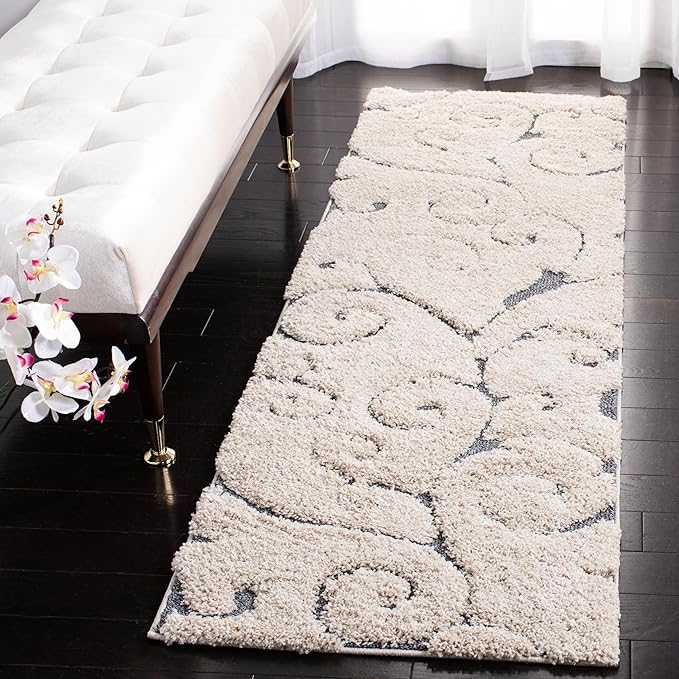 SAFAVIEH Florida Shag Collection Runner Rug - 2'3" x 7', Beige & Blue Grey, Scroll Design, Non-Shedding & Easy Care, 1.2-inch Thick Ideal for High Traffic Areas in Living Room, Bedroom (SG455-1155)