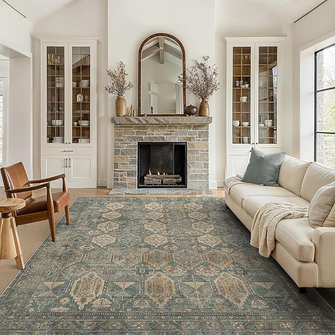 GENIMO 5x7 Area Rugs for Living Room, Machine Washable Non Slip Vintage Rugs, Low Pile Lightweight Chenille Print Rug for Bedroom, Dining Room, Home Office, Sage Teal
