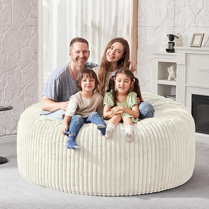 HABUTWAY 5FT Bean Bag Chair, 5' Large Bean Bag Chairs for Adults with Removable Stripe Plush Cover, Memory Foam Beanbag Chair for Living Room Bedroom Dorm (White)