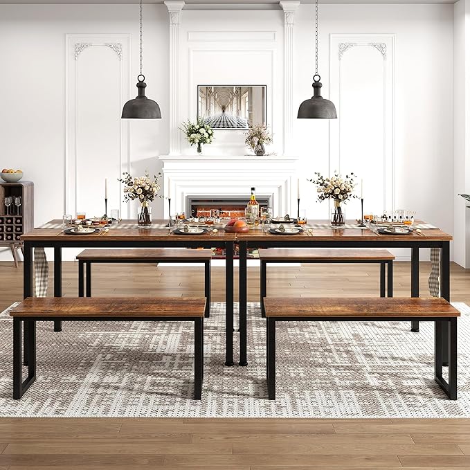 soges 39.4 in Kitchen Table Set with 2 Benches, Dining Table Set for 4, 3 Piece Wooden Industrial Style Dining Room Table and Long Benches, Breakfast Table Coffee Table Set, Retro