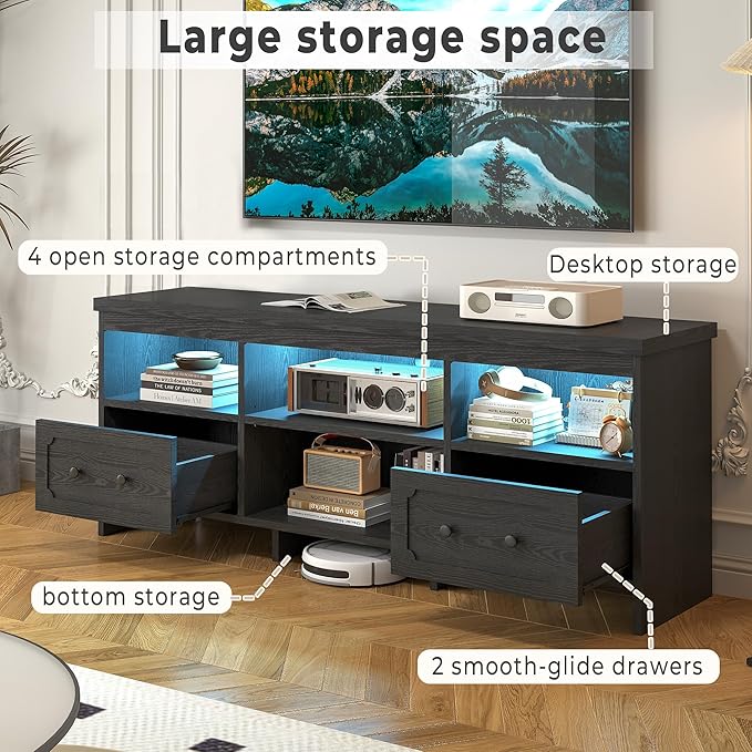 IRONCK TV Stand for 65 Inch TV, 55" LED Entertainment Center with Storage Cabinets, Power Outlets and Open Shelf, Media Console TV Cabinet with Drawers for Living Room, Black