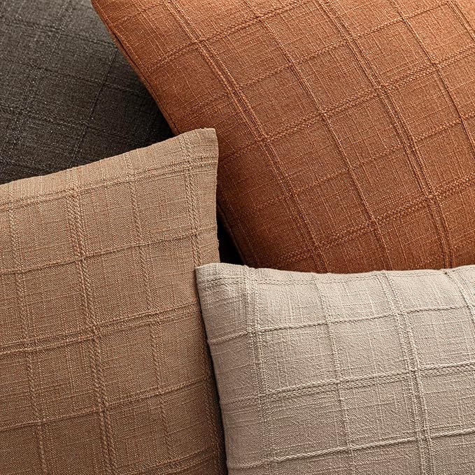 Foindtower Set of 2 Decorative Linen Check Throw Pillow Covers Neutral Farmhouse Vintage Cushion Covers Modern Boho Home Decor for Sofa Chair Couch Bedroom Living Room Outdoor,24×24 Inch,Orange