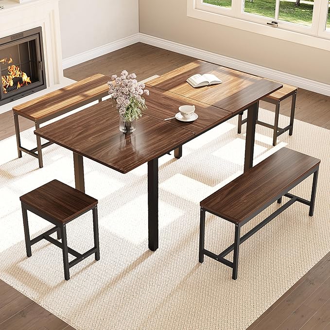 IDEALHOUSE 5-Piece Extendable Dining Table Set for 4-8 People, 63 Inch Kitchen Table with 2 Benches & 2 Stools, Space Saving Modern Dining Room Furniture, Easy Assembly, Brown
