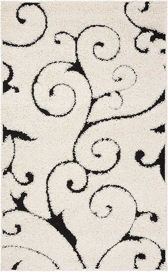 SAFAVIEH Florida Shag Collection Accent Rug - 2'3" x 5', Ivory & Black, Scroll Design, Non-Shedding & Easy Care, 1.2-inch Thick Ideal for High Traffic Areas in Foyer, Living Room, Bedroom (SG455-1290)