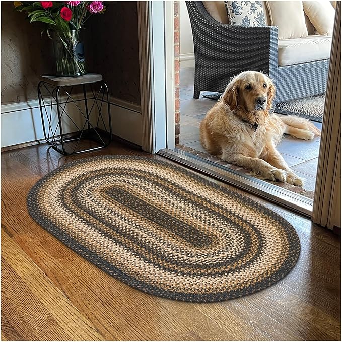 Homespice 27x45” Black Oval Braided Rug. Kilimanjaro Black Jute Oval Rug. Uses- Entryway, Kitchen Rugs, Bathroom Rugs. Reversible, Rustic, Country, Primitive, Farmhouse Decor Rug