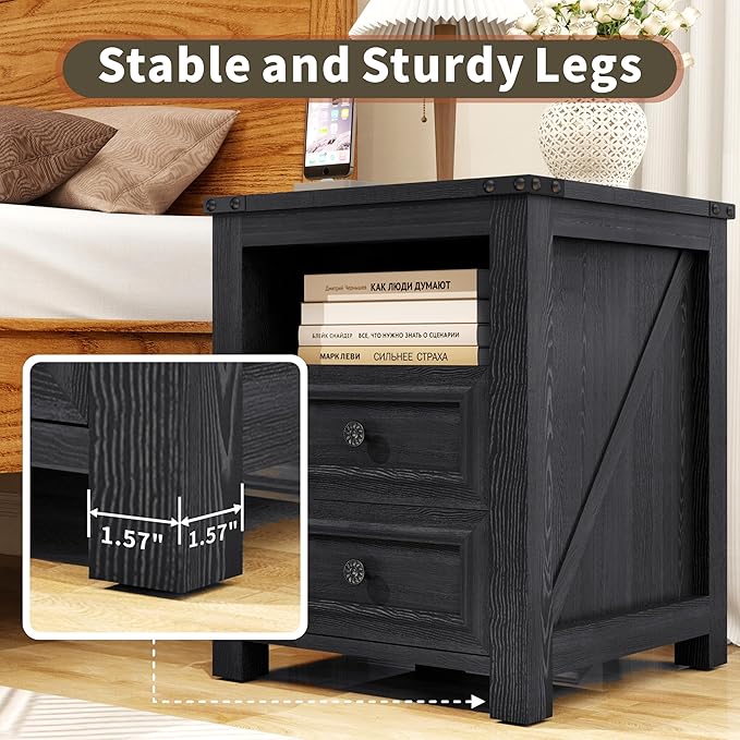 Farmhouse Nightstand with Charging Station, 18” Wide End Table with 2 Drawers Living Room Wood Sofa Side Table with Storage, Small Night Stand for Bedroom, Black