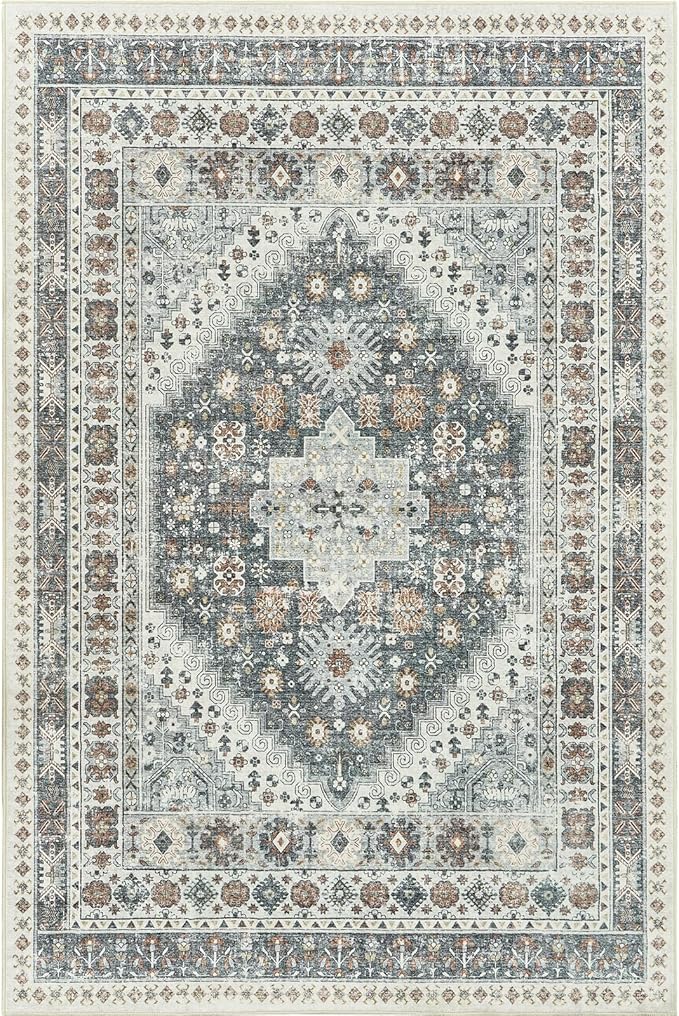 zesthome 8x10 Area Rugs for Living Room,Non-Slip Backing Washable Rugs,Vintage Large Area Rug，Stain Resistant Home Decor Rug (Grey/Orange,8'x10')