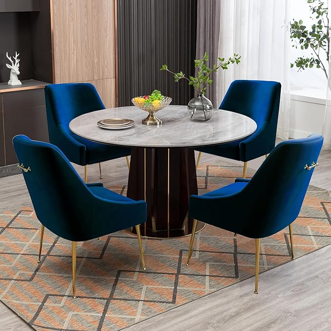 Modern Velvet Dining Chairs Set of 2, Contemporary Upholstered Furniture Collection with Polished Gold Metal Legs, Elegant Accent Chairs for Kitchen Living Room(Blue)