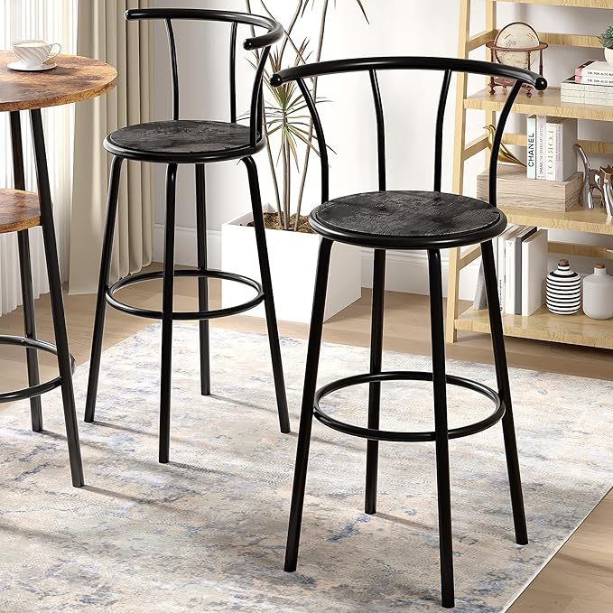 VECELO Bar Stools Set of 2, Swivel Counter Barstools with Backrest, Bar Height Chairs for Dining Room, Kitchen Island, Pub, Easy Assembly, Retro Grey