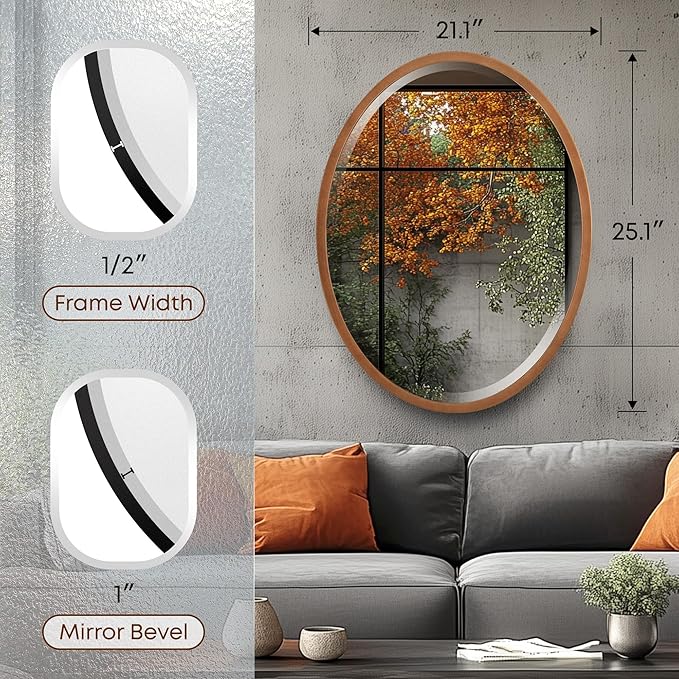 OVALCREST - Oval Wooden Beveled Wall Mirror for Home Decor, Bathroom, Vanity, Bedroom, Living Room, Hallway - London Style (Sunset Gold) 21.1 x 25.1
