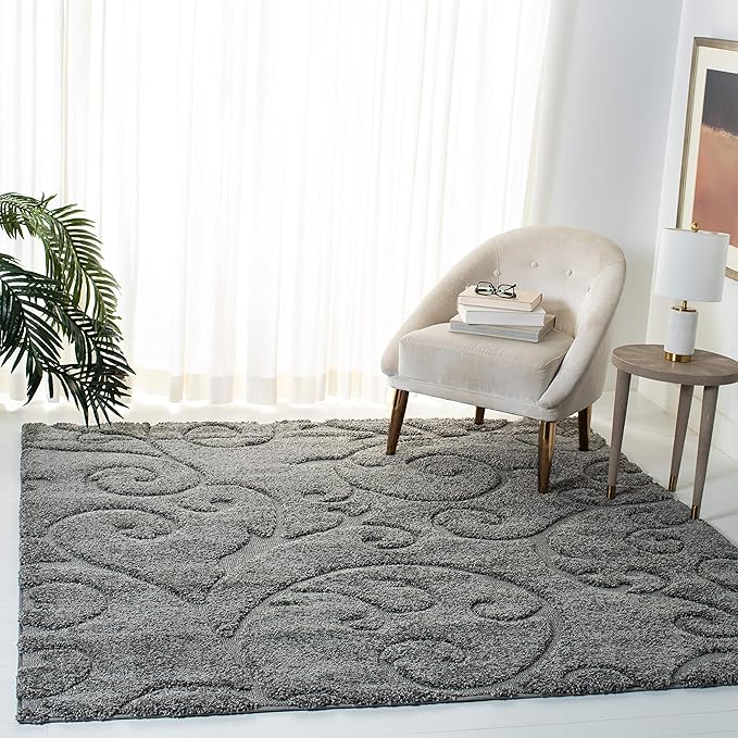 SAFAVIEH Florida Shag Collection Area Rug - 5' Square, Grey, Scroll Design, Non-Shedding & Easy Care, 1.2-inch Thick Ideal for High Traffic Areas in Living Room, Bedroom (SG455-8013)