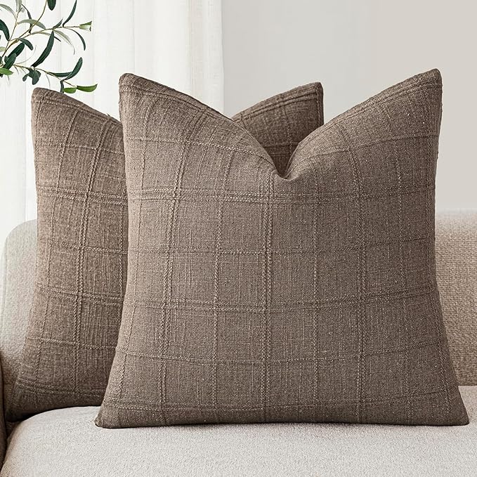 Foindtower Set of 2 Decorative Linen Check Throw Pillow Covers Neutral Farmhouse Vintage Cushion Covers Modern Boho Home Decor for Sofa Chair Couch Bedroom Living Room Outdoor,22×22 Inch,Taupe Grey
