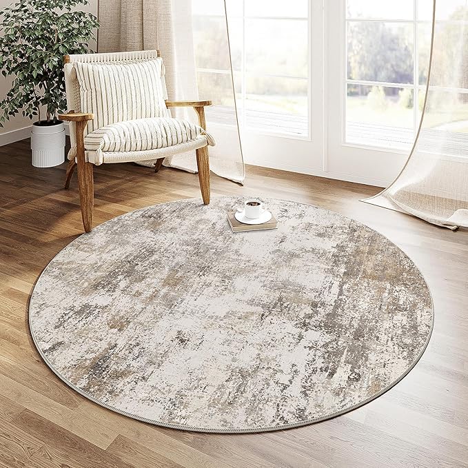6x6 Washable Round Rug Brown Grey Neutral Abstract Living Room Bedroom Area Rug Non Slip Soft Low Pile Indoor Floor Carpet for Office Dining Room Kitchen Entryway