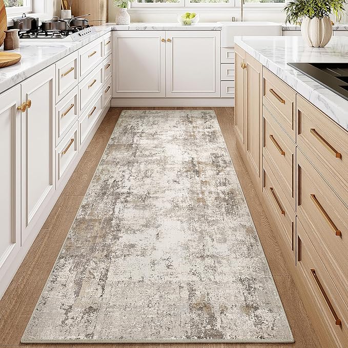 2x8 Washable Runner Rug Brown Grey Neutral Abstract Hallway Kitchen Living Room Bedroom Non Slip Throw Rug Soft Low Pile Indoor Carpet for Entrance Laundry Bathroom