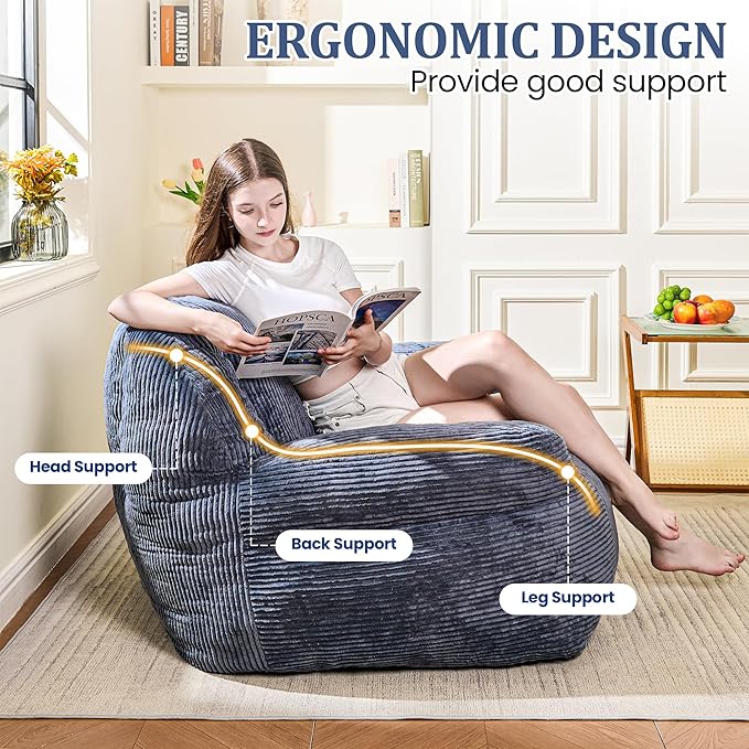 Giant Bean Bag Chair, Faux Fur Bean Bag Chairs for Adults, Fluffy and Comfy Bean Bag with Filler, Big Bean Bag Sofa Chair for Reading, Gaming, Stuffed High-Density Foam (Grey)