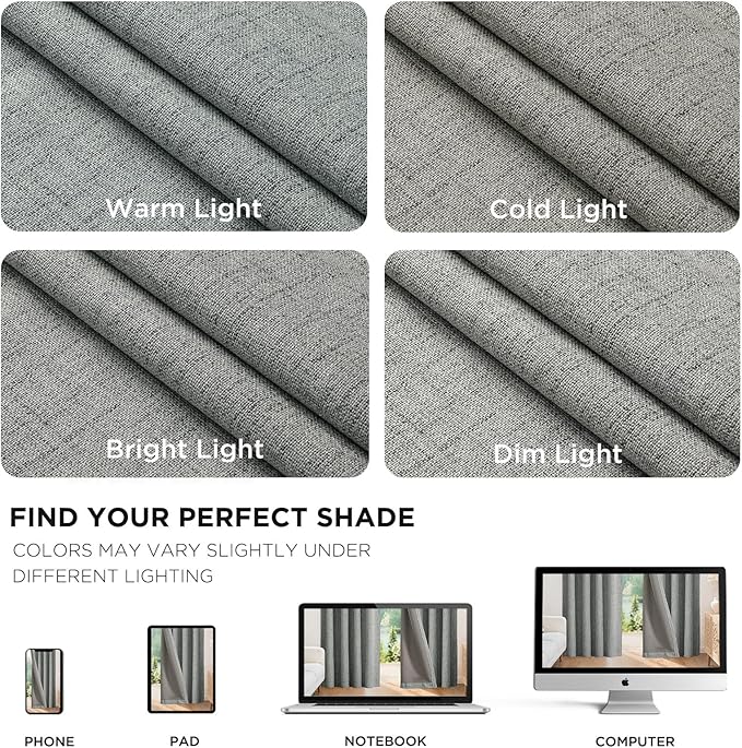 Joydeco 100% Blackout Curtains for Bedroom - Natural Linen Curtains 52" W x 72" L Long, Thermal Insulated 2 Panels Light Grey. Room Darkening Light Blocking Drapes for Living Room