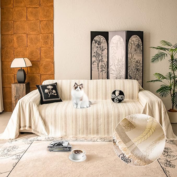 Couch Cover for Dogs Washable Sofa Cover, Sectional Couch Covers, Sofa Covers for 2 Cushion Couch, Non Slip Stripe Sofa Slipcovers Furniture Protector, Couch Protector from Cat Claws, Beige,75''x118''