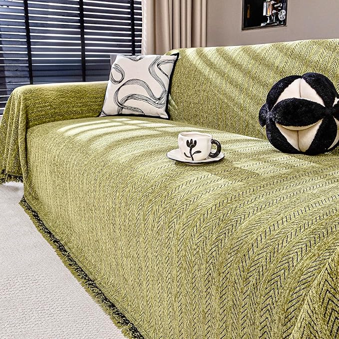 Nobildonna Sofa Cover Washable Soft Thicken Chenille Couch Cover with Tassel,Waterproof Sofa Slipcover for 3-4 Cushion Couch,Sectional Sofa,L-Shaped Furniture Protector Pet-Friendly,Green 91"x134"