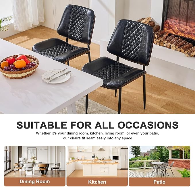 Dining Chairs Set of 4, Upholstered PU Leather Armless Chair, Mid Century Modern Dining Room Chairs, Retro Walnut Bentwood Kitchen Chair with Metal Legs and Adjustable Feet, Black