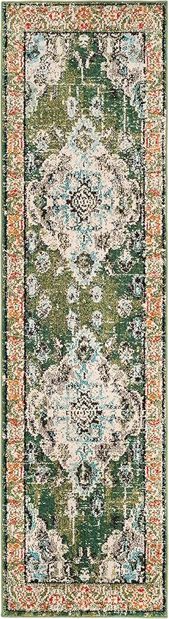 SAFAVIEH Monaco Collection Runner Rug - 2'2" x 16', Forest Green & Light Blue, Medallion Distressed Design, Non-Shedding & Easy Care, Ideal for High Traffic Areas in Living Room, Bedroom (MNC243F)