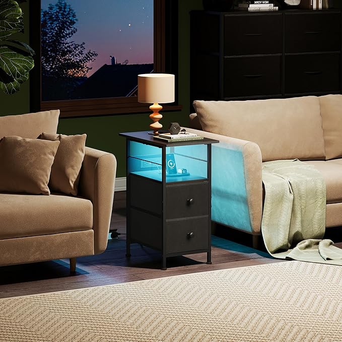 WLIVE Narrow Side Table with Charging Station, End Table with LED Light, 2 Fabric Drawers and Open Shelf, Black Bedside Tables Living Room, Small Space, Bedroom, Night Stand with Charger Station
