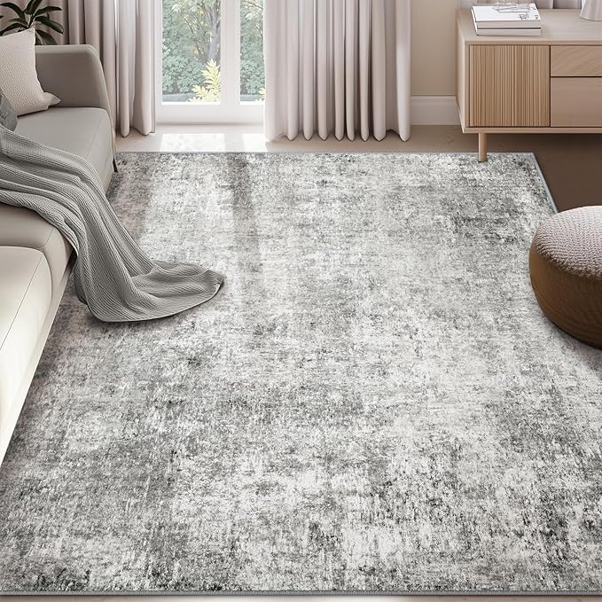 Washable Area Rugs 9'x12' Non-Slip Modern Abstract Soft for Living Room Entryway Bedroom Nursery, Print Pattern, Gray White Grey