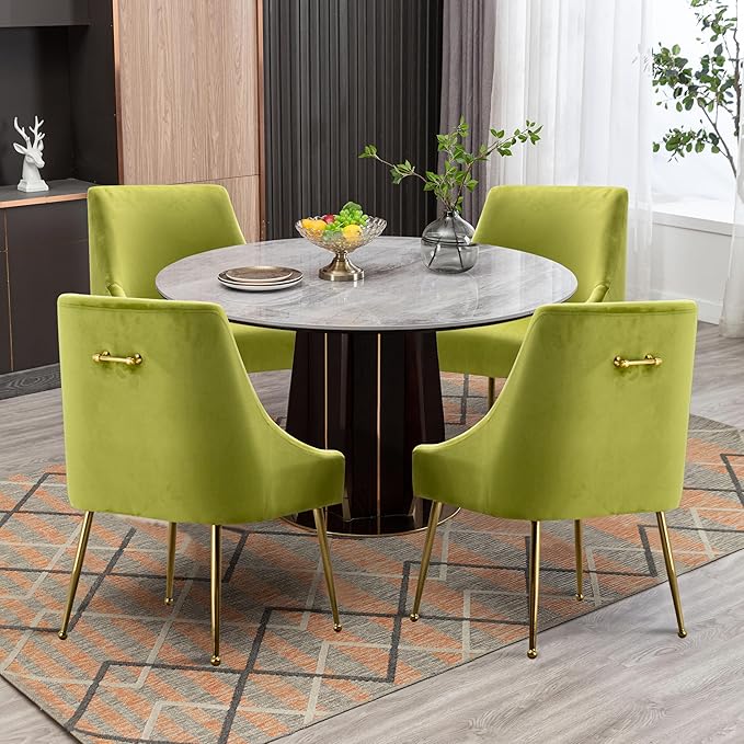 Modern Velvet Dining Chairs Set of 2, Contemporary Upholstered Furniture Collection with Polished Gold Metal Legs, Elegant Accent Chairs for Kitchen Living Room(Yellow Green)