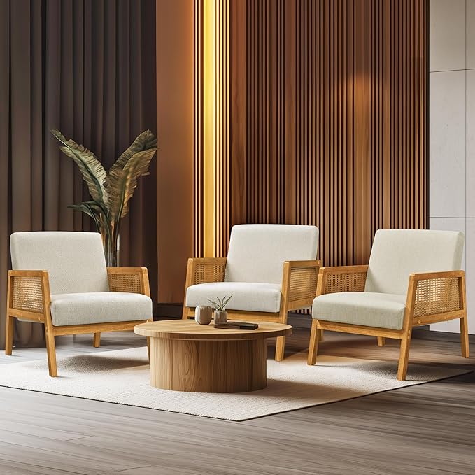 Yaheetech Beige Accent Chair, Armchair with Wood Legs, Mid Century Living Room Chair, Linen Fabric Lounge Chair for Bedroom Reading Room, Beige