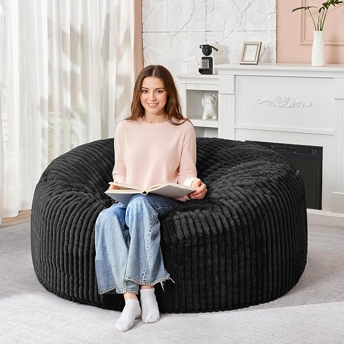 HABUTWAY 4FT Bean Bag Chair, 4' Large Bean Bag Chairs for Adults with Removable Stripe Plush Cover, Memory Foam Beanbag Chair for Living Room Bedroom Dorm (Black)