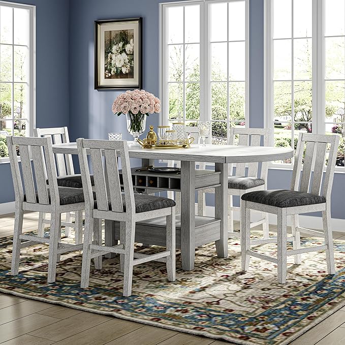 Solid Wood Dining Table Set for 6, Modern Breakfast Dinette Expandable Drop Leaf Kitchen Table with Chairs for Dining Room, Kitchen, Grey