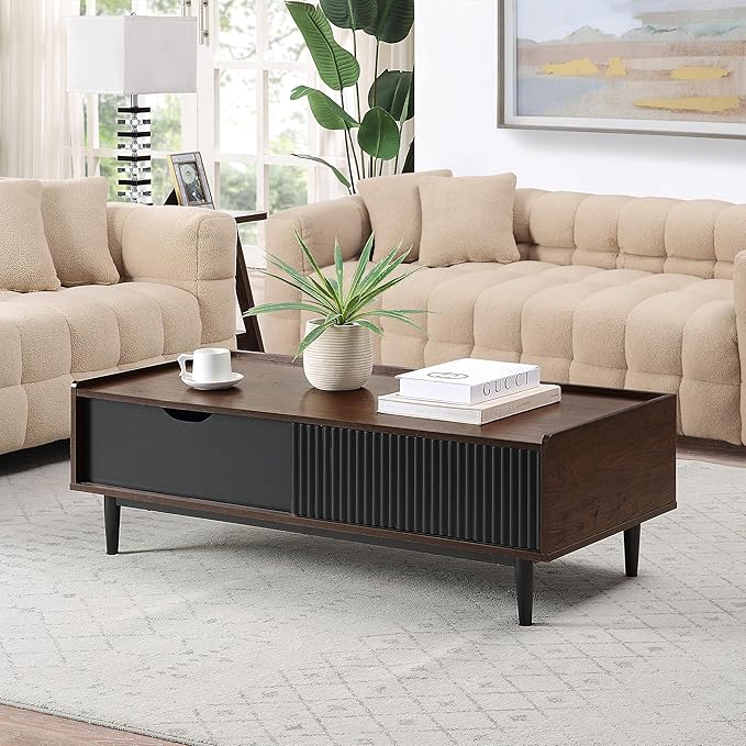 Manhattan Comfort Duane Mid Century Modern Coffee Table with Drawer & Cubby Shelf, Living Room Furniture with Ribbed Flat Design, Wood Grain Laminate Finish & Durable Iron Metal Feet, Black