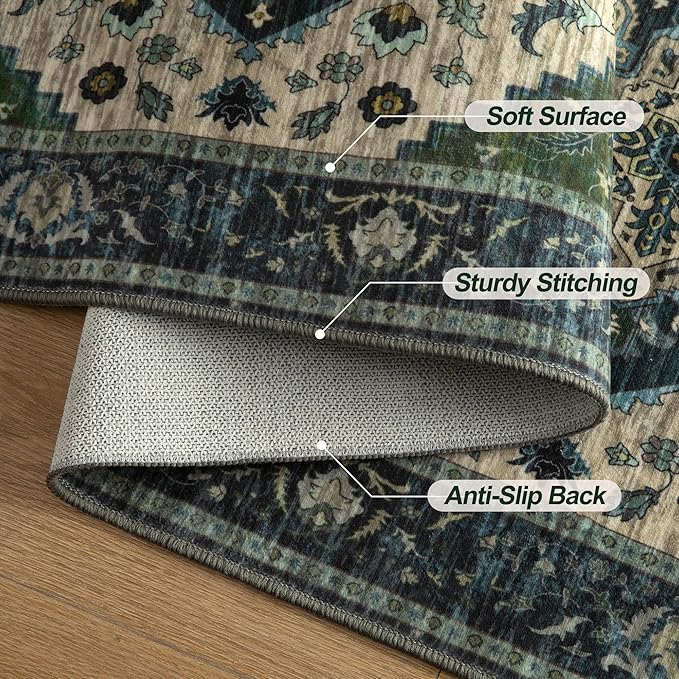 Tangsoo Washable Runner Rug, 2x6 Runner Rugs for Hallways, Non Slip Vintage Rug, Soft Low Pile Long Print Distressed Carpet Runners for Kitchen Bedroom Entryway Bathroom Living Room Green
