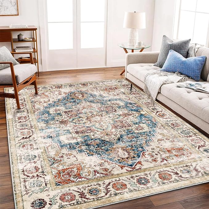 Retro Washable Area Rug 3'x5' Washable Living Room Boho Chic Medallion Distressed DesignIndoor Non-Slip Large Oriental Accent Throw Rug for Kitchen Bedroom Office Carpet