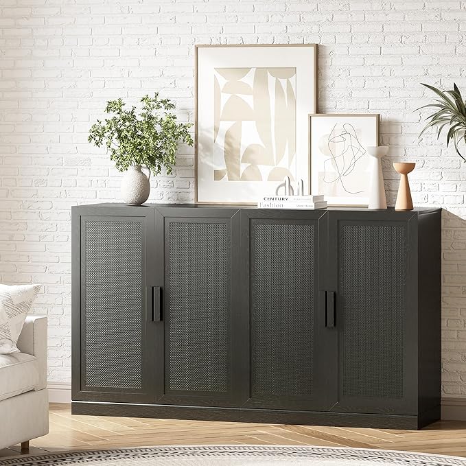 Buffet Cabinet, 4-Doors Sideboard Cabinet with Rattan Panels, Buffet Console Accent Table for Hallway Entryway Dining Room, 72", Black