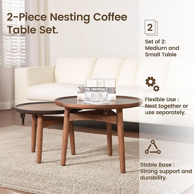 CONSDAN 24 Round Coffee Table, Solid Oak Frame & Veneer Top, USA Grown Hardwood, Modern Living Room, Lounge Side Table (Single Large Piece)