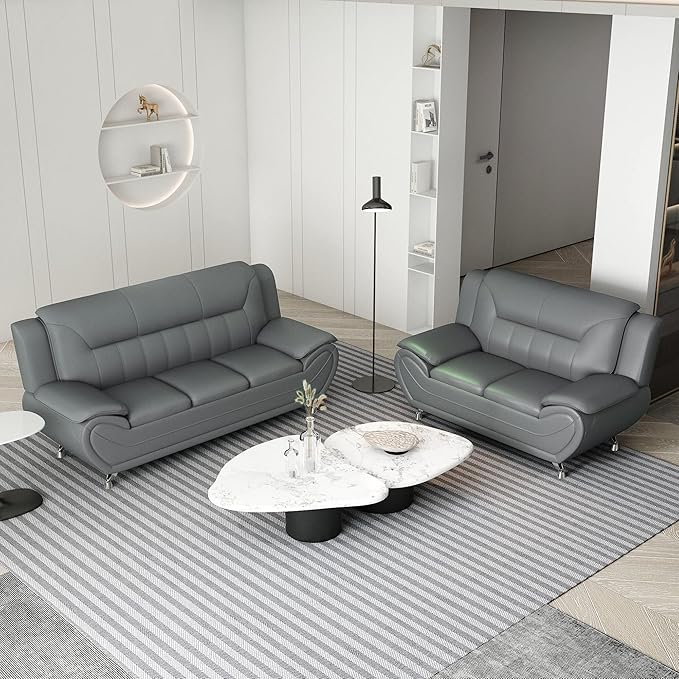Container Furniture Direct Michael Modern Faux Leather Upholstered Stainless Steel Legs Living Room Loveseat, Sleek Gray