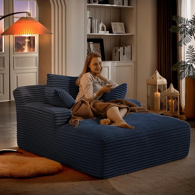 Oversized Chaise Daybed Lounge Sleeper Chair Sofa Full Foam Cloud Chaise Sofabed for Living Room,Luxury Plush Corduroy Upholstered Sleeper Couch Extra Wide Chair Bed W/3 Pillows for Home/Apartment