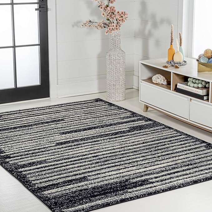 JONATHAN Y Khalil Modern Berber Stripe Black/Cream Indoor Area Rug, 8x10, Contemporary, Bohemian, Easy-Cleaning for Living Room, Bedroom, Kitchen, Pet Friendly, Non-Shedding (MOH207F-8)