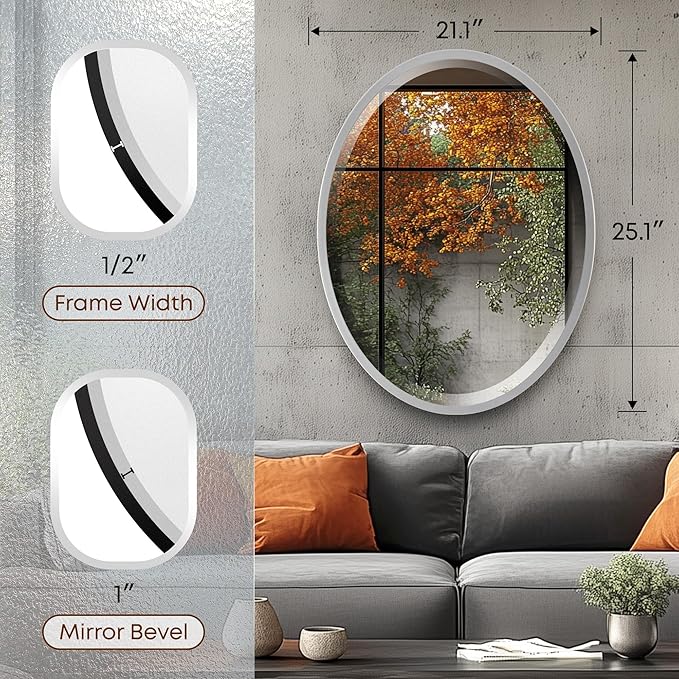 OVALCREST - Oval Wooden Beveled Wall Mirror for Home Decor, Bathroom, Vanity, Bedroom, Living Room, Hallway - London Style (Silver Spray) 21.1 x 25.1