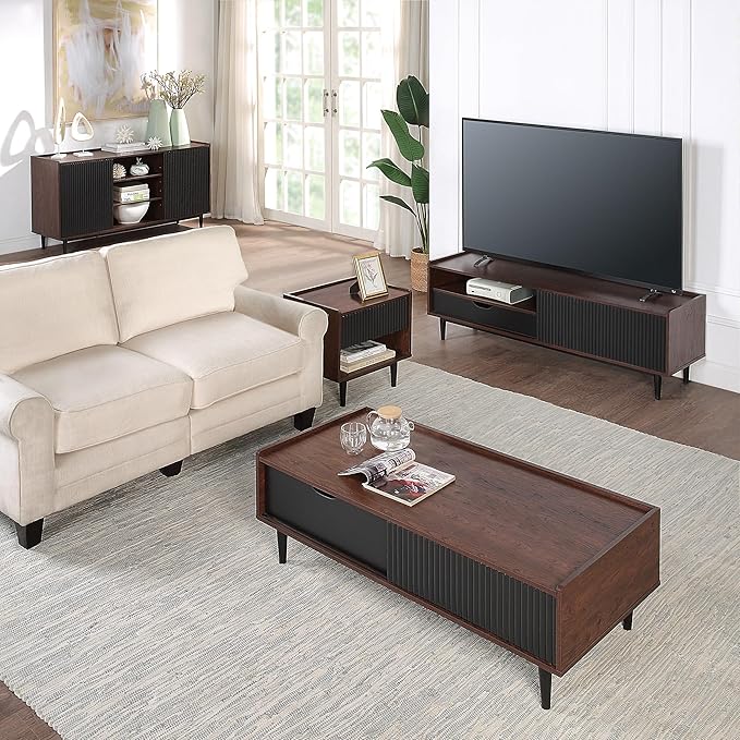 Manhattan Comfort Duane Mid Century Modern Coffee Table with Drawer & Cubby Shelf, Living Room Furniture with Ribbed Flat Design, Wood Grain Laminate Finish & Durable Iron Metal Feet, Black