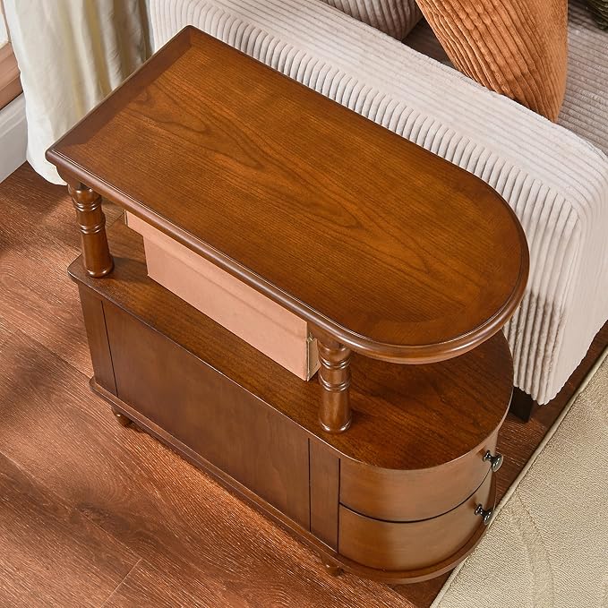 Wood End Table with 2 Drawers and Storage Shelf, Narrow Sofa Side Table for Living Room, Vintage Slim Nightstand Bedside Table for Bedroom, Slim Chair Side Table Cherry Brown BG-A508-MG