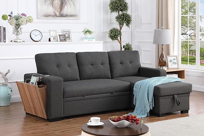 Devion Furniture Philly 4-in-1 Convertible L Shaped Couch with Pull Out Bed and Storage, Sectional Sleeper Sofa with Reversible Chaise for Living Room, Apartment, Bedroom, Office
