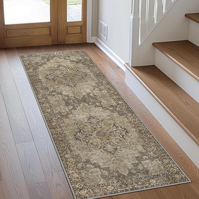 GENIMO 2'6''x12 Runner Rugs for Hallway, Machine Washable Non Slip Vintage Rugs, Low Pile Lightweight Soft Print Rug for enrtyway, Corridor, Home Office, Kitchen, Rustic Brown