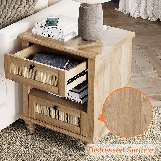 WAMPAT Rattan Nightstand Side Table with Charging Station, Light Wood End Table with 2 Drawers for Living Room, Rustic Farmhouse Night Stand Bedside Table for Bedroom, Oak